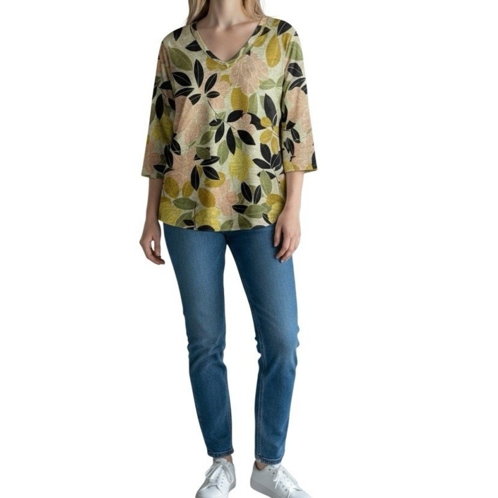 Rachel Zoe Linen Tunic Top 1X Womens Floral V Neck 3/4 Sleeve Boho Lightweight